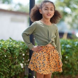 Girls Sage Green Waffle Knit Twist Front Top & Mustard Floral Skirt Set 2pc Boho